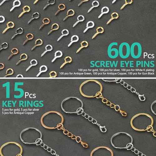 Hand Drill Set for Resin Crafts, Pin Vise Jewelry Making Kit with 10 Drill Bits, 600 Eye Screws, 15 Keychain Rings ? Push Drill Tool for Epoxy, Molds, DIY Projects (Pin Vise Hand Drill Set - 1)