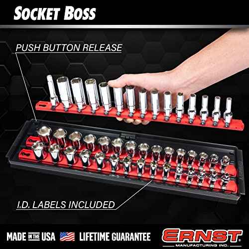 Ernst Manufacturing Socket Boss, Premium 2-Rail 3/4-Inch-Drive Socket Organizer, 19-Inch, Red - Made in the USA
