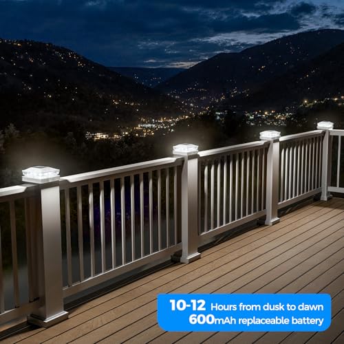 Solar Post Cap Lights, 6500K Cool White IP65 Waterproof Solar Powered Fence Light for 4x4 Wood Post & 5x5 Vinyl Fence, Deck Patio Garden Yard Outdoor Landscape Lighting, ABS Material