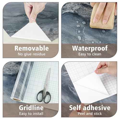 Peel and Stick Backsplash for Kitchen Marble Contact Paper for Cabinets Glossy Grey/Blue Wallpaper Peel and Stick Modern Self Adhesive Wall Paper for Kitchen Bathroom Countertops Waterproof