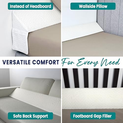 Bed Wedge Pillow for Headboard Gap Filler Full Size - High Density Memory Foam Headboard Pillow Wedge Prevents Items Falling - Triangle Mattress Spacer with Pockets