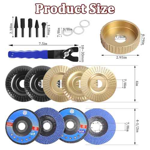 19 Pcs Wood Carving Disc Set for 4" & 4.5" Angle Grinder | Stump Tool Grinding Wheel Disc with 7/8"-5/8" Adapter Ring | Woodworking Cutting Shaping Sanding Polishing Discs Kit for Quick Carving