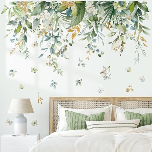 wondever Hanging Green Tropical Leaves Wall Stickers Palm Leaf Flower Plants Peel and Stick Wall Art Decals for Bedroom Living Room Sofa