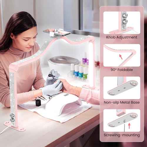 Yokilly Arc Half Moon Light: 34" Shadow-Free Half Moon Light for Desk Salon - Foldable LED Desk Lamp with Stepless Brightness for Manicurist (Pink)