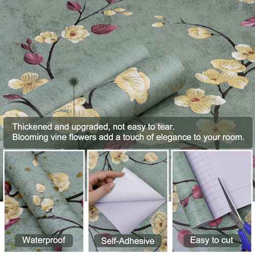 SOON AFTER 17.5¡±x120¡± Floral Peel and Stick Wallpaper Flower Tree Contact Paper Self Adhesive Removable Modern Sage Green Wall Paper Decorative Wall Covering Countertop Vinyl Film Roll