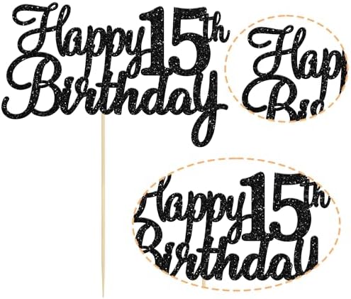 Gyufise 1Pc Black Happy 15th Birthday Cake Topper Glitter 15th Birthday Cake Pick Cheers to 15 Years Old Fifteen Fabulous Cake Decorations for 15th Birthday Theme Party Supplies