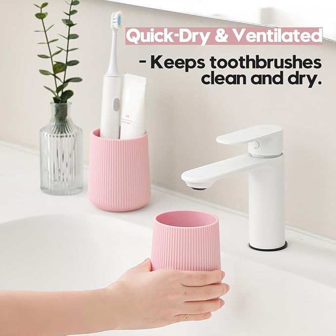 YAUKPH Pink Striped Toothbrush Holder for Electric Toothbrushes Bathroom Organizer Cup for Toothpaste Kids & Adults