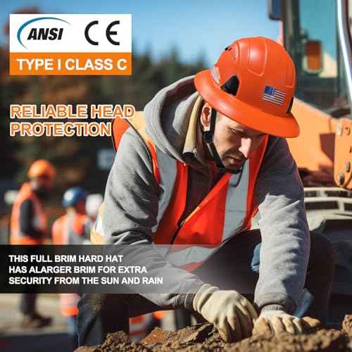 Construction Wide Brim Hard Hat,Full Brim Hard Hat ANSI Z89.1 Type 1 & OSHA Certified Safety Helmet with Glasses, with 6-Point Suspension & 4 Ventilation Ports