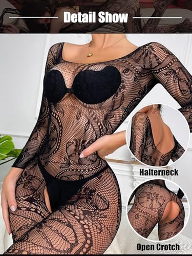 RUIBAVYA Women's Sexy Lace Fishnet Bodysuit Long Sleeve Mesh Jumpsuit Full Body Stockings Net Bodysuit