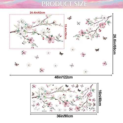 AM AMAONM Removable 3D Ink Style Brown Tree Branches and Pink WhiteFlower Wall Decals Plum Blossom Flowers and Butterfly Wall Sticker Peel and Stick Wall Decor for Home Walls Living Room Kids Baby