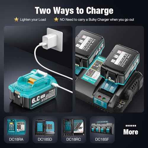 ¡¼USB-C Charging¡½ 18V 6.0Ah Replace for Makita 18V Battery Compatible with Makita 18 Volt Lithium Battery BL1850 BL1840 BL1830 BL1860 with Type-C Input/Output Port, 2Pack
