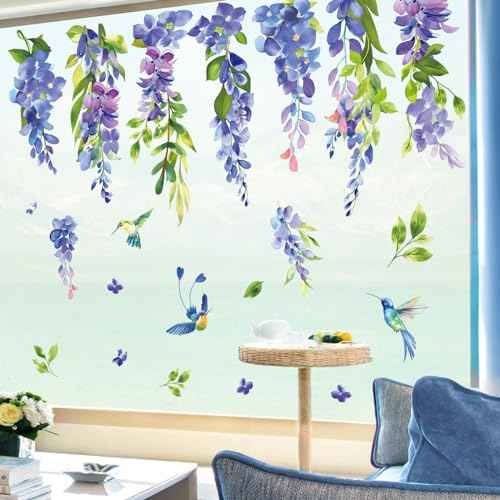 Wondever Spring Blue Purple Flower Hummingbird Hanging Vine Floral Leaf Glass Sticker Decal Anti Collision Double-Side Static Window Decals