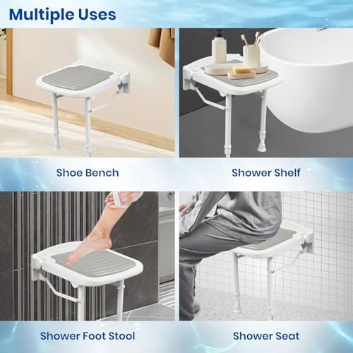 Wall Mounted Shower Seats w/PU Cushion (FSÄ/HSÄ Eligible) Support 550lbs, Adjustable Height Folding Shower Chair Wall Mounted for Elderly-Adults-Pregnants-Seniors-Disabled