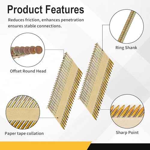 meite 30 Degree Framing Nails 3-Inch x .120-Inch, Ring Shank, Electro-Galvanized Coated, Paper Tape Collated, Offset Round Head Framing Nails for 30-34 Degree Framing Nailers (1,000 Counts)