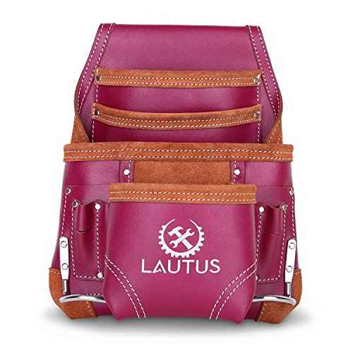 LAUTUS Oil Tanned Leather Tool Pouch Bag |Burgundy |Carpenter, Construction, Framers, Handyman | 10 Pockets, 2 Hammer Holders | 100% Leather