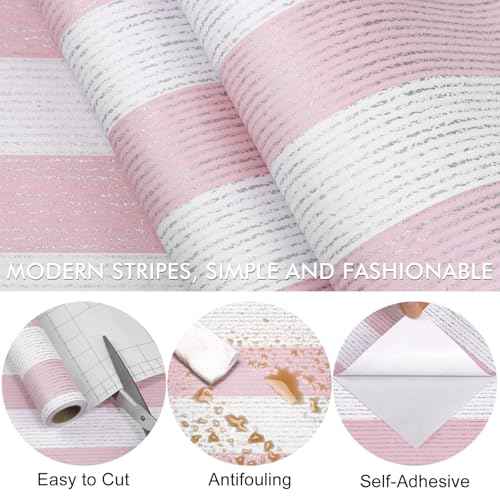 Pink Stripe Peel and Stick Wallpaper 15.7" x 118" Pink and White Self-Adhesive Wallpaper Removable Waterproof Contact Paper for Cabinets,Bedroom,Nursery,Accent Wall