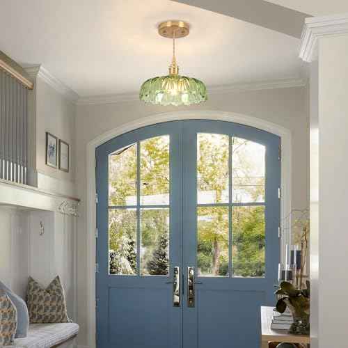 Battery Operated Pendant Light,Vintage Light Fixtures RGB Light Bulb 2500mAh 9.4in Green Modern Chandelier with Remote Control Wireless Adjustable Rechargeable Chandelier for Kitchen Island 1Light