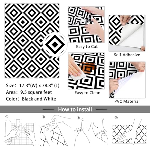 Black and White Wallpaper Peel and Stick Modern 17.3"¡¿78.8" Removable Self Adhesive Wallpaper Geometric Contact Paper for Cabinets Waterproof Rhombus Decorative Wall Paper for Bathroom Vinyl