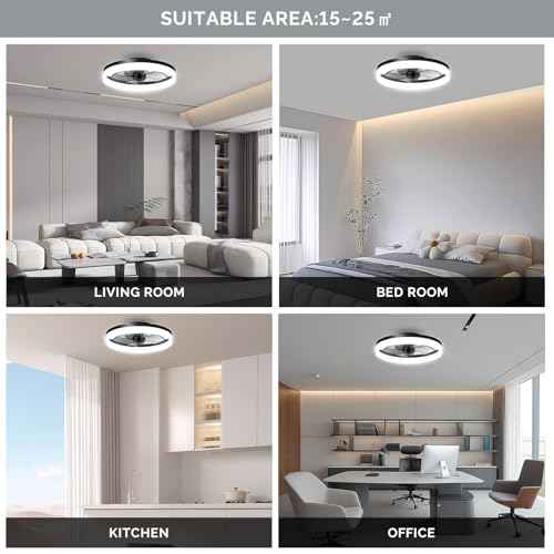 19.7 inch Low Profile Ceiling Fan with Lights and Remote, Fandelier Dimmable Ceiling Fan Flush Mount, 3000K-6500K Bladeless LED Fan Light for Bedroom,Dining Room and Kitchen (Black, 1 Pack)
