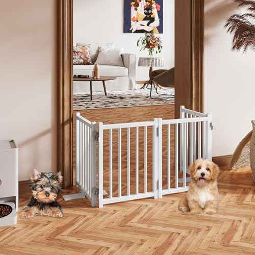 Snughome Dog Gate Indoor, 16" High Freestanding Dog Door Gates with Support Feet, Expands Up to 48¡¯¡¯ Wide Foldable Pet Gates for Doorways Hallways, 4 Panel Folding Pet Door Pet Fence for Puppy, White