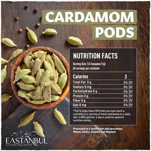 Eastanbul Cardamom Pods, 2.12oz, Green Cardamom Pods,%100 Natural Mesopotamia Whole Cardamon, Vegan, Aromatic Cardomam for Coffee & Tea, Culinary Bulk for Various Dishes, Vegan, Non GMO