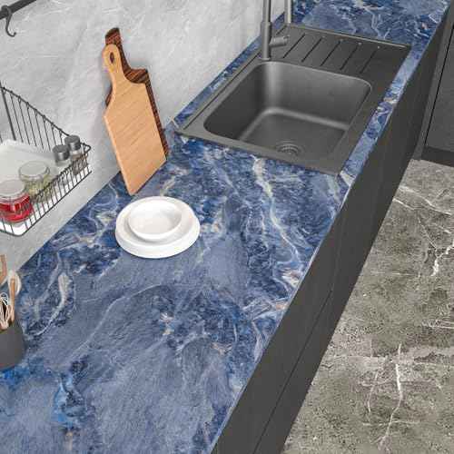 CHIHUT Marble Contact Paper Peel and Stick 12''x100'' Blue Marble Wallpaper for Countertops Waterproof Self Adhesive Countertop Contact Paper Decorative Vinyl Film for Cabinets Desk Shelf Liner