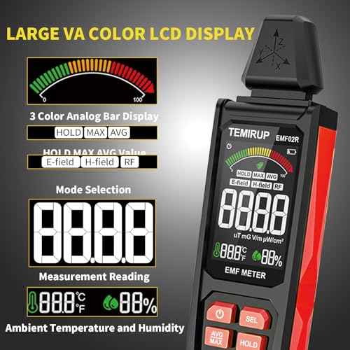 EMF Detector, TEMIRUP 5 in 1 Handheld EMF Meter Radiation Detector, Detects EF, RF, MF, WiFi Signal,Temperature, Humidity, Rechargeable EMF Reader with Large Color LCD for Home, Office, Ghost Hunting