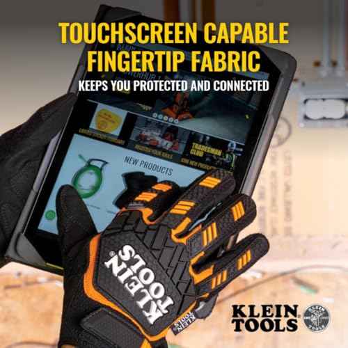 Klein Tools Work Gloves, Heavy-Duty Suede Palm Gloves, TPR Impact Resistant, Touchscreen-Capable, Hook and Loop Wrist Strap