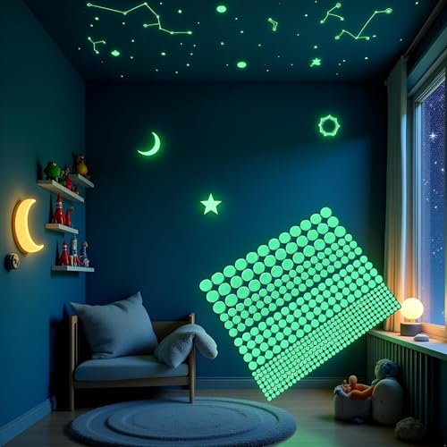 1 Sheet 407 Pcs Green Glow in The Dark Wall Stickers Adhesive Dots Luminous Ceiling Decals for Kids Bedroom Halloween Home Decoration Removable Glow in Dark Dots Wall Decals Stickers Room Decor Kit
