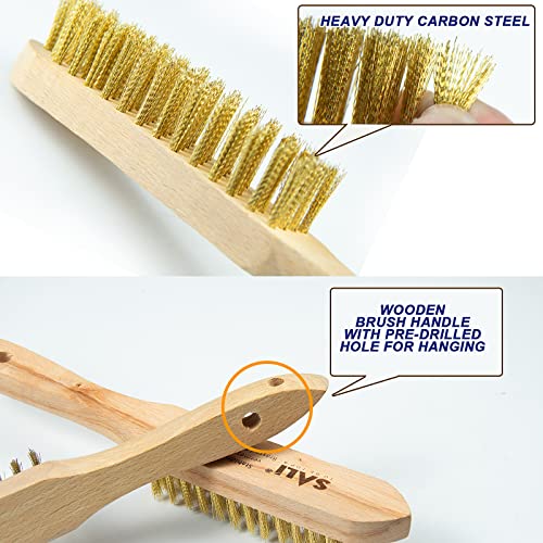 SALI Heavy Duty Copper Plated Steel Brushes - for Rust Removal, Automotive Cleaning, Welding Slag, Grill & Household Use, 11" Curved Beechwood Handle, 14X4 Rows Bristles (Pack of 2)