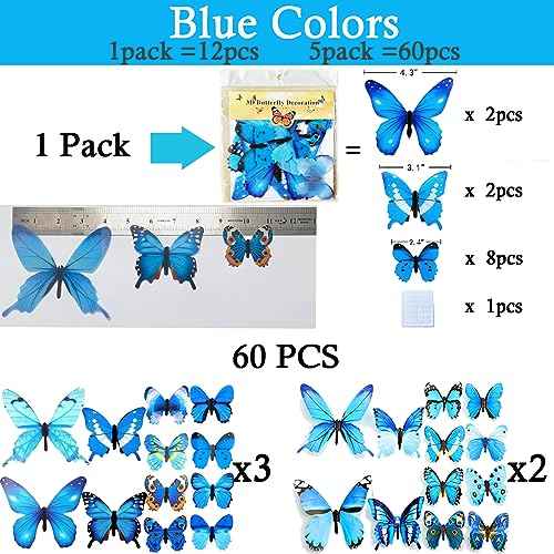 Ewong 60Pcs 3D Butterfly Wall Decor, Decoration Party Birthday Cake Waterproof Removable Mural Sticker, Butterflies Wall Art Home Decals Living Room Bathroom Bedroom Office Decorative (Blue)