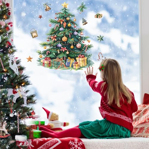 Merry Christmas Tree Wall Decal, Christmas Window Clings Wall Decals Peel and Stick, Christmas Decorations Wall Stickers for Winter Room Kitchen Bathroom Party Holiday Decor (Green)