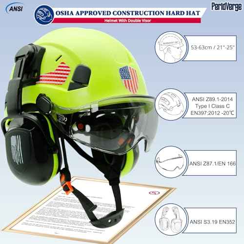 Construction Hard Hat with Visor and Hearing Protection-Green Safety Hardhat OSHA Approved with Face Shield and Visor and Ear Protection,Chainsaw/Forestry/Arborist Helmet with Chin Straps