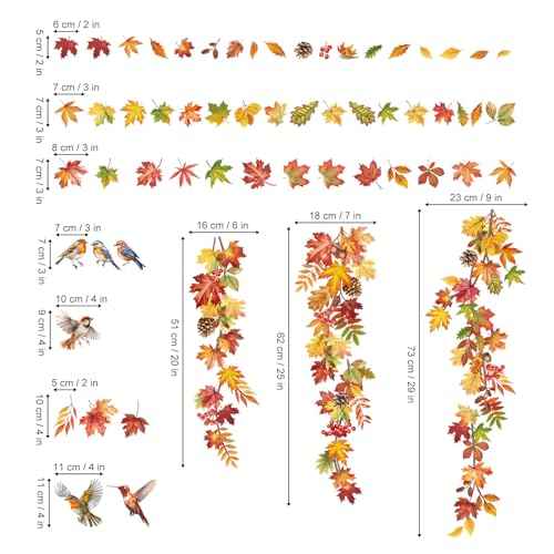 decalmile Autumn Maple Leaves Wall Decals Fall Hanging Vine Birds Wall Stickers Bedroom Living Room Sofa TV Background Wall Decor