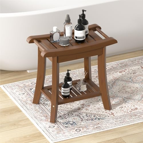 Bamboo Shower Bench Stool with Storage Shelf Small Shower Chair Seat for Inside Shower 19 x 10 x 18 Inches Chestnut Brown