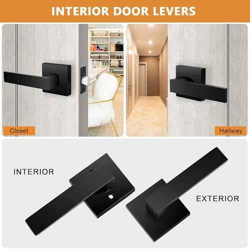 Probrico Matte Black Passage Door Levers Square Hall Closet Handles, Heavy Duty Interior Non-Locking Lever Sets, Reversible for Right & Left Side, 2 Pack
