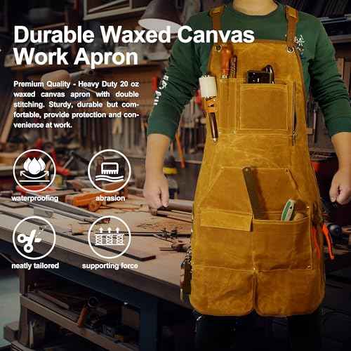 Woodworking Apron for Men, Gifts for Men, with 9 Tool Pockets, Waterproof Durable Waxed Canvas Work Apron for Woodworkers Carpenters Blacksmiths Provide Comprehensive Protection