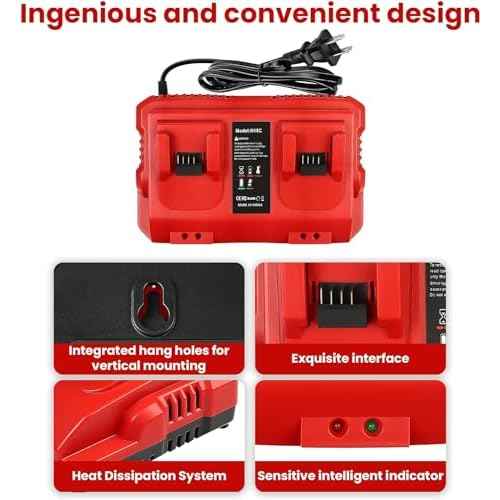 Fast Charger Replacement for Milwaukee M18 Battery Charger Station ? Dual Slot Charging Base Compatible with 18V Lithium-Ion Batteries, 48-11-1830, 48-11-1850, 48-11-1860, Smart LED Indicator