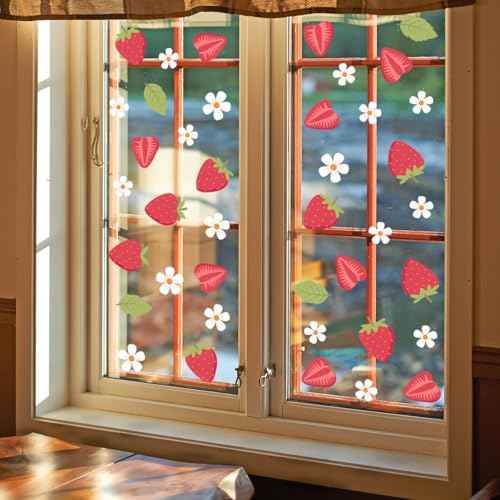 Strawberry and White Flower Stickers for Wall, Fruits Kitchen Decor, Wall Decor for Girl Bedroom (S)