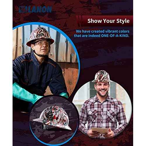 LANON Full Brim Hard Hat, OSHA Construction Work Approved, Premium American Flag Design, FRP Safety Helmet with 4 Point Adjustable Ratchet Suspension, Class C