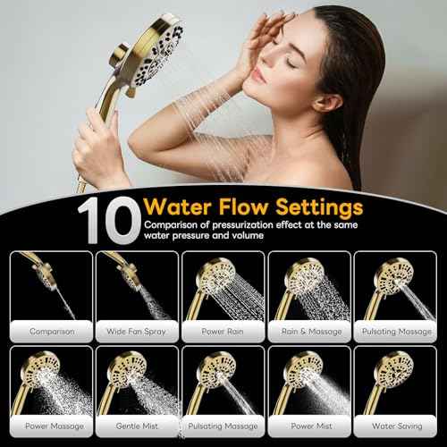High Pressure 10 Ways Handheld Shower Head Brushed Gold- Anti-clog Nozzles, Built-in Power Wash to Clean Tub, Wall & Overhead Brackets,Magnetitc Rainfall Shower Wand,Built-in 2 Power Jet