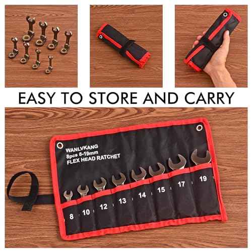 Stubby Wrenches Set, Flex Head Ratcheting Wrench Set Open End Ratchet Wrench Metric 8 Pieces(Metric)