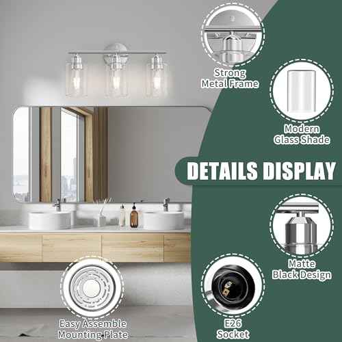 Espird Bathroom Vanity Light Fixtures Polished Chrome Bathroom Lighting Fixture, 3 Lights Bathroom Light Fixture Over Mirror, Modern Black Vanity Light, Wall Sconces with Glass Shades