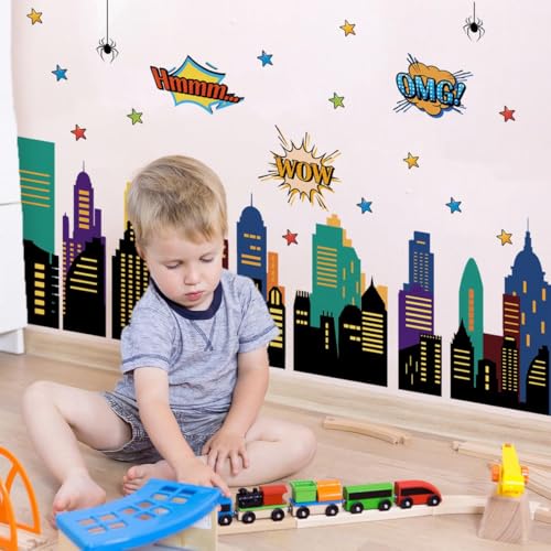 Runtoo City Skyline Wall Decal Spider Peel and Stick Wall Stickers for Boys Baby Nursery Playroom Classroom Decor