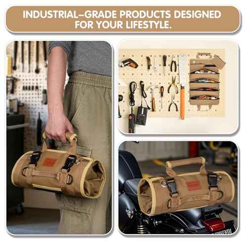 Roll Up Tool Bag, Heavy Duty Tool Organizer Bag, Portable Tools Bag with 6 Tool Pouches for Mechanics, Electricians, DIY Projects, Gifts for Men Dad Husband (Khaki)