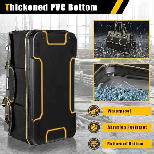20 in Tool Bag For Men with Waterproof Molded Base, High Capacity Wide Mouth Tote, Construction Worker Electricians Tool Bags, Large Tool Bag Organizer for Men Women (Grey)