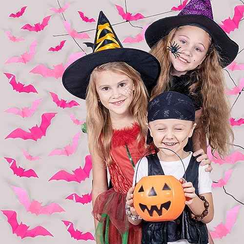 Whaline 112Pcs Halloween Wall Decoration 3D Bats with Foam Adhesive Pink and Rose Red Waterproof Spooky Bats Stickers Hocus Pocus Party Supplies for Halloween Home Wall Window Door Decor, 4 Sizes