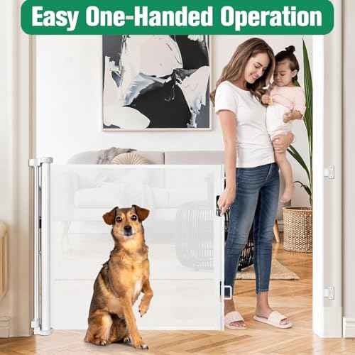 Retractable Baby Gates 55" Wide Retractable Dog Gate Indoor Mesh Baby Gate Retractable Gate Outdoor Dog Gate for Deck, Safety Gate Keeps Kids & Pets Contained, Stair Gate/Doorway Gate/Porch Gate/White