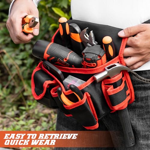 Ultra-Thick Men's Tool Belts Fits Waist 31¡±to 52¡± Adjustable Oxford Work Pouch with 15 Durable Pockets, Ideal for Repair & Electrical Work (Red, Extra Large)