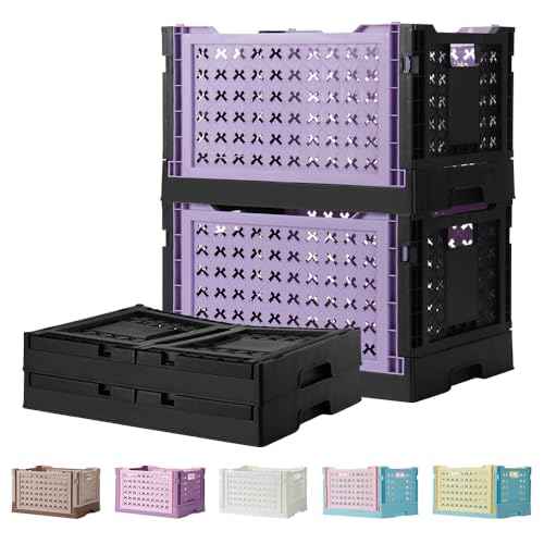 Stackable Plastic Closet Storage Basket, 2 Pack Foldable Closet Organizers and Storage Bins, Decorative Basket for Closet, Shelves, Laundry, Wardrobe Organizing (Purple Black)